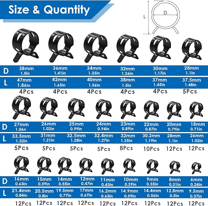 Tnisesm 195Pcs 6-38mm Spring Band Hose Clamps Assortment kits with Swivel Flat Fuel Hose Clamp Plier - 23 Sizes Silicone Vacuum Hose Pressure Air Clip Clamp