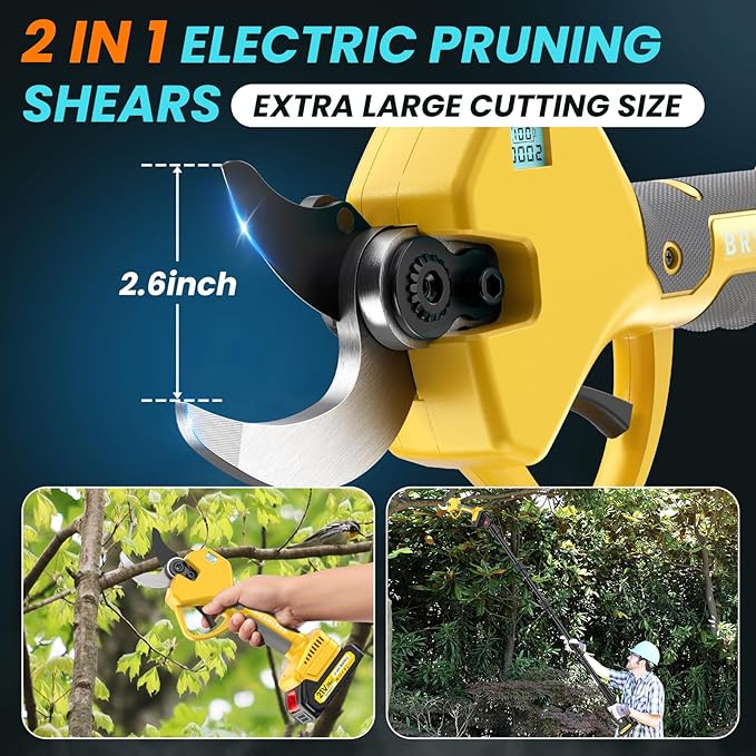 2-in-1 Pole Pruning Shears, 2.6 Inches Opening size Cordless Electric Pole Pruners - Brushless Motor, 2.0Ah*2 Batteries, SK7 Blade, 8.7FT Adjustable Branches Cutter for Tree Trimming