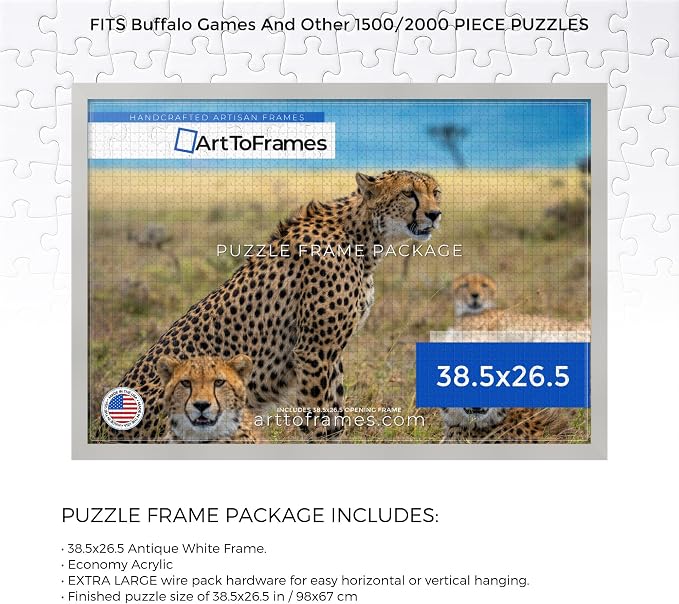 ArtToFrames Puzzle Frame for Buffalo Games 1500, 2000 Piece Jigsaw Puzzles, 38.5x26.5 Inch (98x67 cm), Antique White Engineered Wood with Economy Acrylic, Ready to Hang Puzzle Display