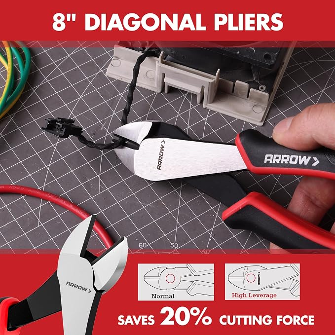 ARROW 6PCS Pliers Set, Carbon Steel Pliers Kit with Storage Pouch | 8" Long Nose, Diagonal Cutting, Linesman, Slip Joint, 8" & 10" Groove Joint, Non-Slip Handle, DIY, Home Repair & Maintenance