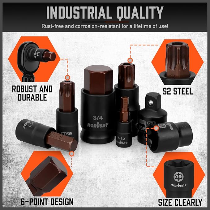 HORUSDY 66-Piece Allen Socket Set, Torx Bit & Female External Star Sockets | Durable S2 Steel SAE & Metric Kit for Automotive, Motorcycle & Home Repair | T8-T70, E4-E24 with 4 Impact Adapters