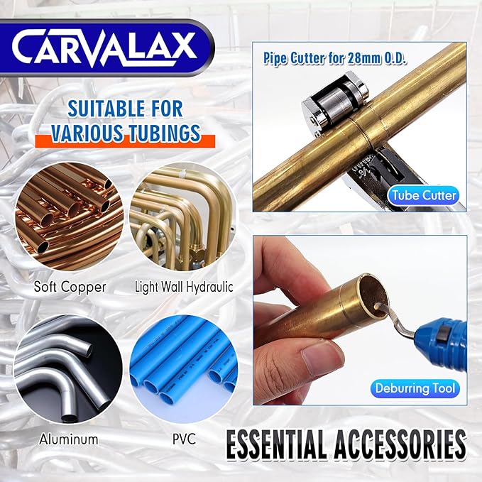 CARVALAX 90° Ratcheting Tube Bender Kit - 7 Color-Coded Aluminum Heads for 1/4" to 7/8" Pipes, Reverse-Bend Adapters & Portable Toolbox, Tube Cutter & Deburring for HVAC/Heating Repair (Blue）