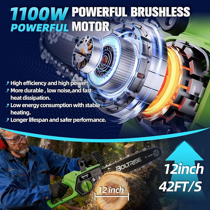 12 Inch Cordless Brushless Electric Chainsaw, 2 × 4.0mAh Batteries & Auto Oiler Security Lock, 32.81FT/S Powered Compact HandHeld Chain Saw, for Tree Trimming, Wood Cutting Garden, Pruning