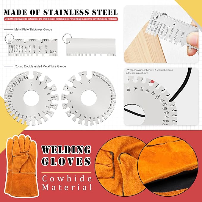 Hilitchi 6Pcs Welding Slag Removal Tool Set, 8inch Welding Pliers, Welding Chipping Hammer, Wire Brush Wire Scratch Brush and 2 Stainless Steel Metal Sheet Thickness Gauges