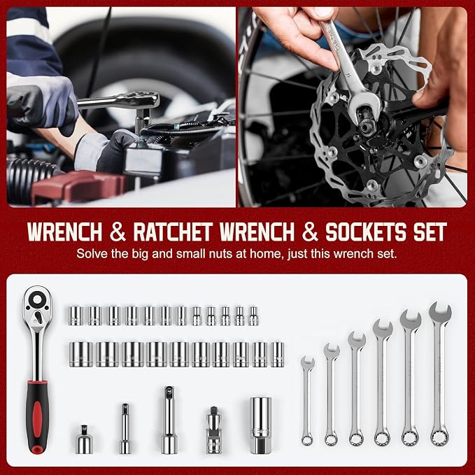 Sundpey 379 Pcs Portable Complete Home and Auto Tool Kit with Drawer Red | with Socket Wrench Set & Screwdrivers & Hex Keys & Pliers Kit,Men Women Tool Box Set for Household Car House Garage Apartment