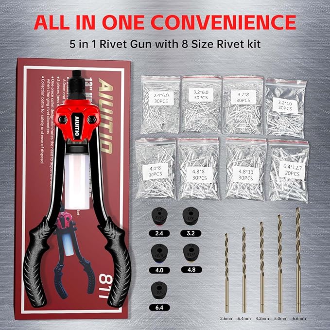 AIUITIO Rivet Gun Kit, 1/4" Pop Rivet Gun with 230 Rivets & 5 Drill Bits, 13" Heavy Duty Two-Handed Riveter Tool Set with Detachable Container for Van, Gutter & Automotive
