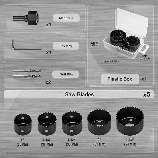 KATA 8PCS Hole Saw Kit 1" to 2-1/8"(25-54mm) Hole Saw Set in Case with Mandrels and Hex Key for Soft Wood, PVC Board, Plywood