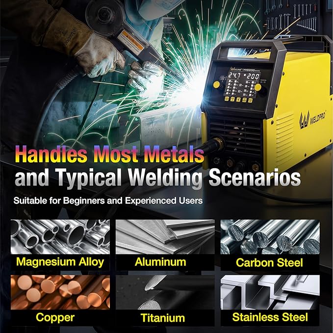 Weldpro MIG Welder, 200Amp 7-in-1 Gas MIG/Gasless Flux Core MIG/Synergic MIG/Lift TIG/MMA/Spot/Spool Gun Aluminum Multi process Welding Machine with Large LED Display, IGBT, 2T/4T, Save Job
