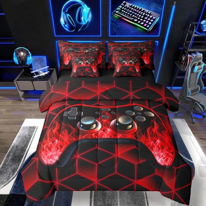 Gaming Consoles Bed in a Bag Queen Comforter Set 7 Piece,Neon Geometric Video Game Gaming Bedding Set,Geometric Gamer Sheet Set Red Flame Bed Set,Gamer Room Decor for Boys Bedroom Decor