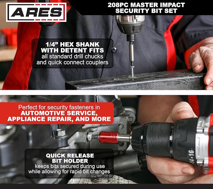 ARES 31023-208-Piece Impact Security Bit Set – Phillips, Robertson, Tamper Hex and Torx Bits, Specialty Bits, and More – Master Bit Set Includes Nut Drivers, Socket Adapters, and Extensions