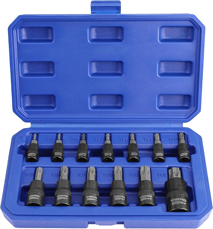 WORKPRO Torx Bit Socket Set, Premium S2 Bits & CR-V Sockets,13-Piece T8-T60