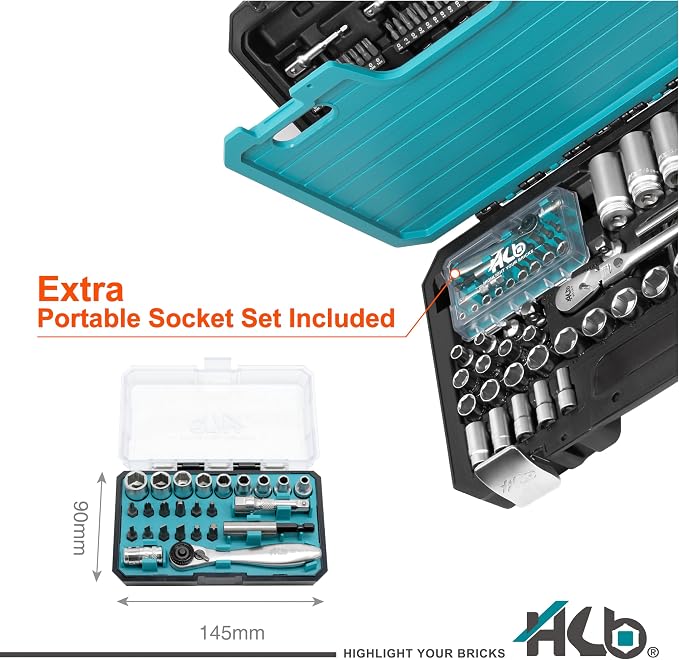 HB 123-Piece Socket Set AKX008-U, 90T Flex Head Ratchet 3/8", 72T Stubby Ratchet 1/4", Dual Drive Breaker Bar, Metric & SAE Non-Slip Deep & Semi-Deep Impact Sockets, Chrome Vanadium, Made in Taiwan