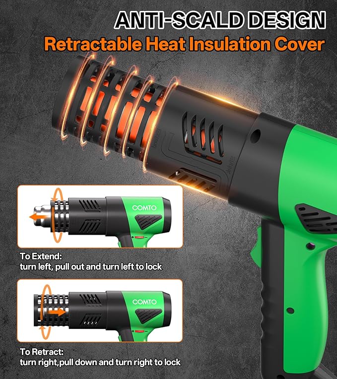Heat Gun 1800W Fast Heating 122℉-1202℉ Heavy Duty Hot Air Gun Variable Temperature Control Overheat Protection 2 Speed Air Flow with 4 Nozzles for Crafts, Shrinking Tubing, Vinyl Wrap (SG-1004)