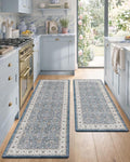 Color&Geometry Anti Fatigue Kitchen Mats for Floor 2 Piece 24"x59"+24"x87", Vintage Kitchen Rug Set, Waterproof & Oil Proof, 0.4" Thick Cushioned, Non-Slip Wide Runner for Sink, Laundry,Blue