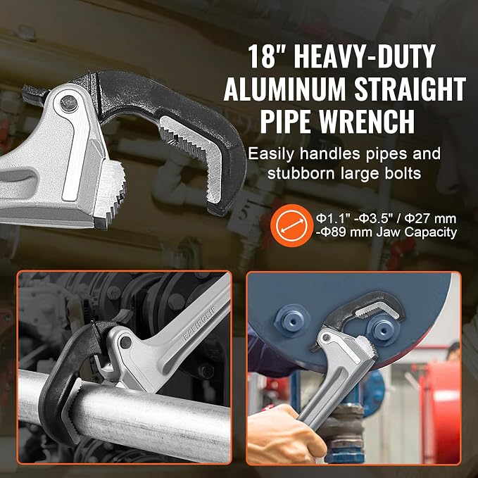 VEVOR Pipe Wrench, 18" Aluminum Straight Pipe Wrench, Automatic Jaw Adjustment, Adjustable Plumbing Wrench, Easy to Carry, Ergonomic Handle, Hangable Design, for Water Pipes, Automotive Repairs