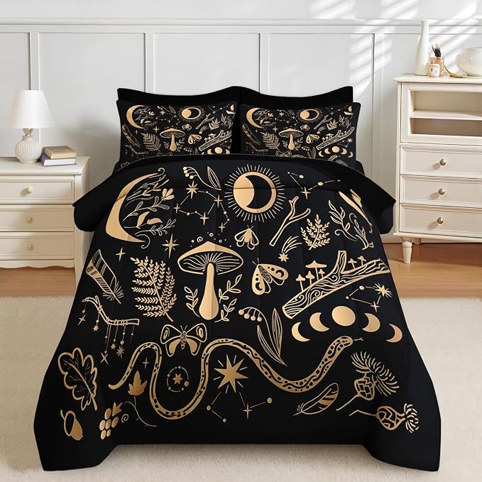 Nesker Comforter Set Full Size, Golden Mushroom Moon 7 Pcs Bedding for Kids and Adults, Moth Vintage Gold Bed Sheet Sets with Fitted Sheet 2 Pillowcases & 2 Shams
