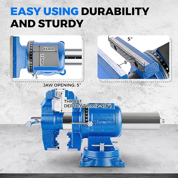 5-Inch Heavy Duty Bench Vise Ductile Iron Bench Vise 360° Multi-Purpose Bench Vice with Anvil, Clamp force 4000KG, Blue