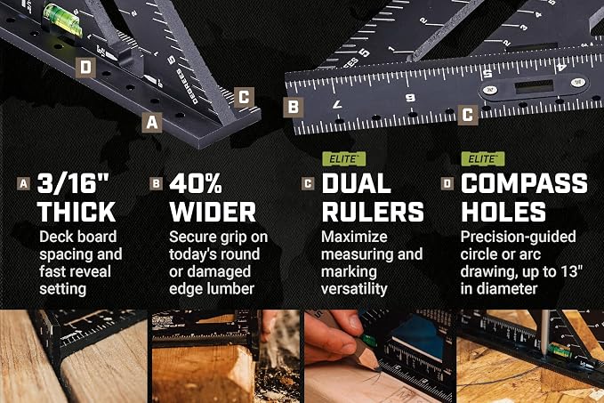 Spec Ops Tools Elite Series Fury 7.5” Rafter Square with Level Vial, Laser Etched & Stamped Markings, Rapid-Layout Features, Wide Heel, Integrated Compass Holes, Digital Rafter Calculator & Guide