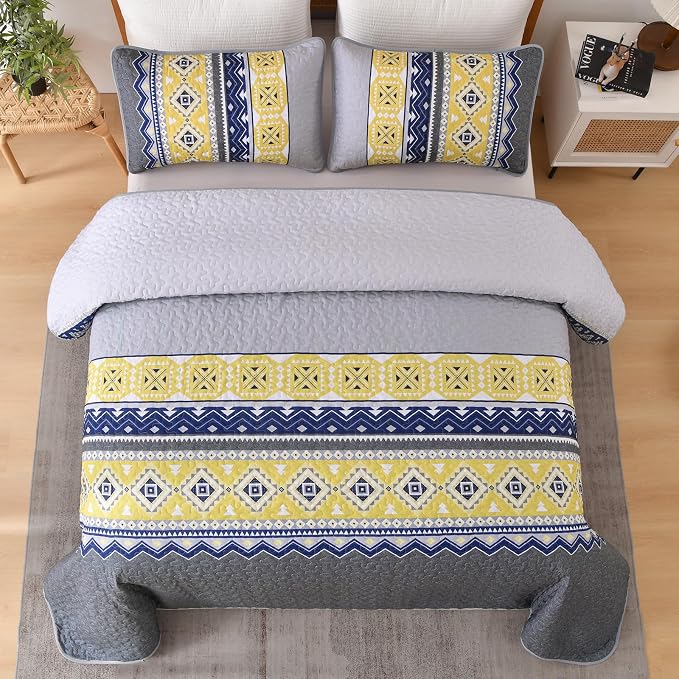 WONGS BEDDING 3 Pieces Quilt Set King Size, Grey Yellow Quilt Bedspread Lightweight Bohemian Coverlet Set with 2 Pillowcase, Soft Geometry Printed Bedding Set King for All Season 104"×90"