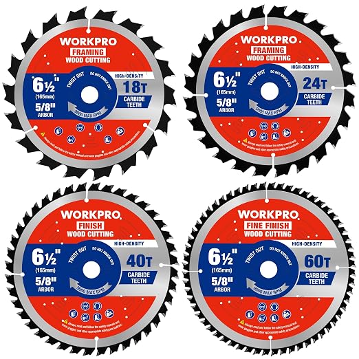 WORKPRO 6-1/2 Inch Woodworking Circular Saw Blades, 18T/24T/40T/60T All-Purpose Wood Cutting Variety, Thin Kerf, Carbide Tipped, ATB Tooth, 4-Pack