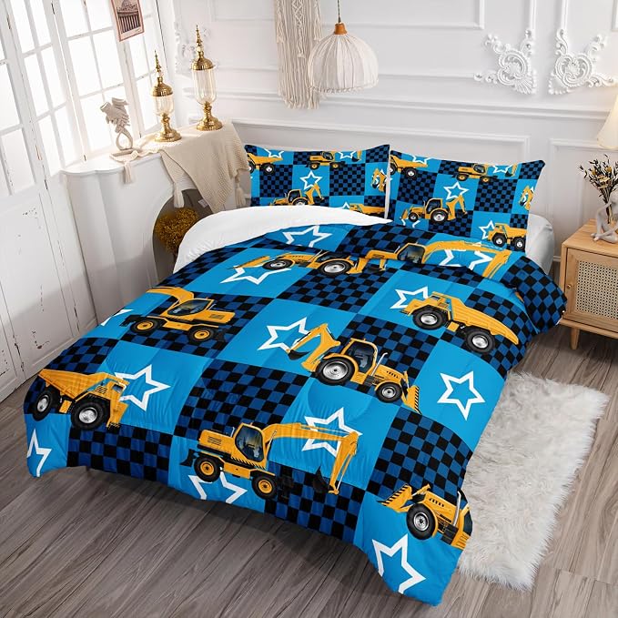 Axolotl Excavator Comforter Set King Size,Blue Plaid Comforter with Star,Cartoon Excavator Bedding for Kids Boys Teens,3 Piece Construction Vehicle Bed Set for Boys,1 Quilt 2 Pillowcases
