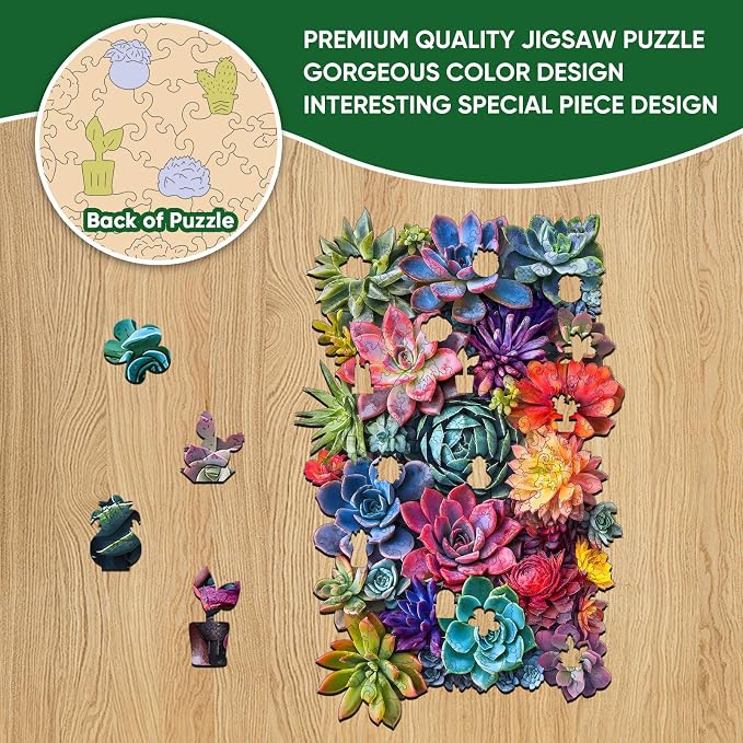 Delobil Rectangular Succulent Wooden Puzzles,500 Pieces Jigsaw Puzzles 18.5'' x11.7'', Unique Design Wooden Puzzles for Adults and Kids, Family Game Gift Royal Size