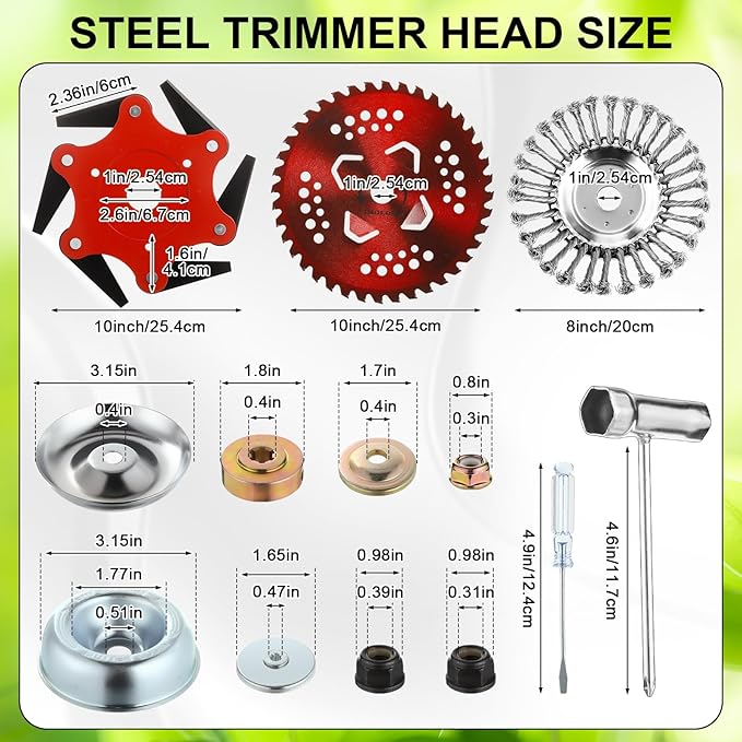 Duraaamo 7 Pcs Brush Cutter Kit Include 10" x 40T Carbide Tipped Blades, 10" x 6T Blades with Adapter Kit, 8 Inch Steel Wire Rotary Head and Trimmer Head Replacement