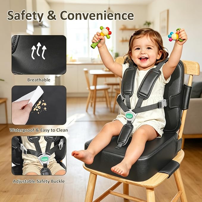 Toddler Booster Seat for Dining Table,Kitchen Chair Booster Cushion | Non-Slip Booster Seat with Backrest and 5 Piont Harness, PU Waterproof Travel Baby Booster Increasing Cushion