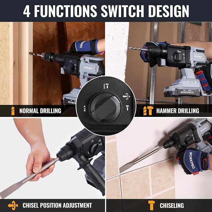 WORKPROX 20V Cordless Rotary Hammer Drill, 7/8" SDS-Plus, 2.0J Hammer Drill for Concrete with 4 Functions, Brushless Motor, 4.0Ah Battery & LED Light, Lightweight SDS Hammer Drill for Home Use