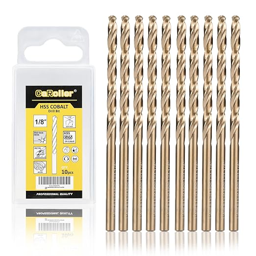 CaRoller 1/8 Inch Cobalt Drill Bit Sets,10 Pack 135 Degree Tip of M35 Length Twist Drill Bits with Storage Case for Hard Metal, Stainless Steel, Cast Iron, Wood and Plastic (1/8"-10pcs-M35)