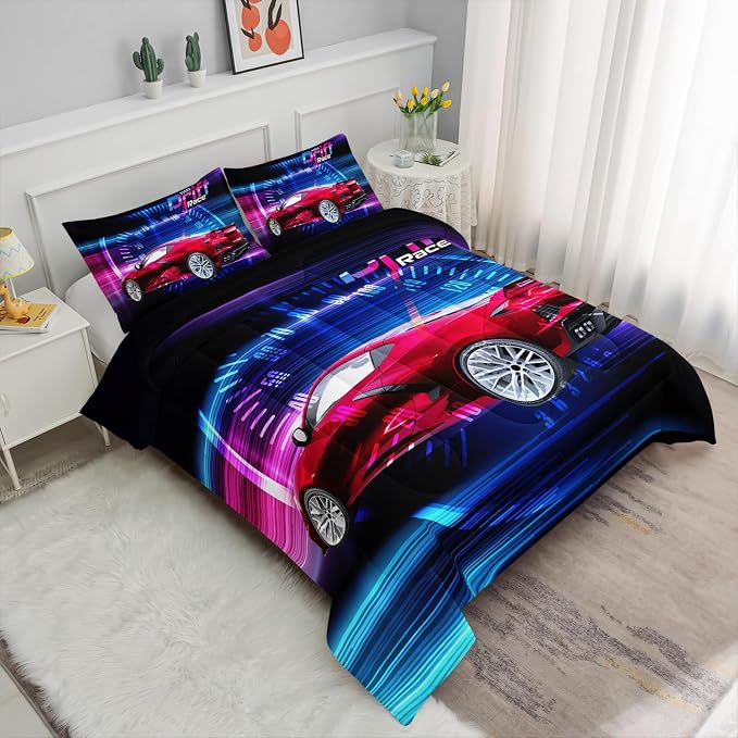 Axolotl Race Car Bedding Set King Size,Boys Extreme Sports Comforter for Kids Boys,3D Car Comforter,Cool Speed Racing Bedding,Race Sports Quilt Set 1 Duvet with 2 Pillowcases,All Season
