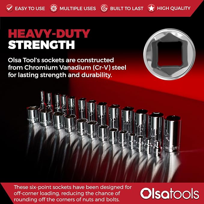 Olsa Tools 1/4-Inch Drive SAE Deep Socket Set - 13pc | 6-Point Chrome Vanadium Sockets, 1/8" to 5/8", No Skipped Sizes - Professional-Grade SAE Socket Sets - Part: 1330