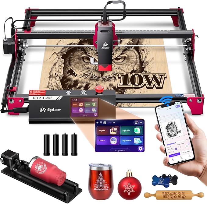 Algolaser 10W Laser Engraver Machine - Laser Engraver/Cutter with Rotary Roller & Laser Engraver Riser - Laser Engraving Machine with 3.5" Smart Touchscreen & AlgoOS,Laser Engraver for Wood & Metal