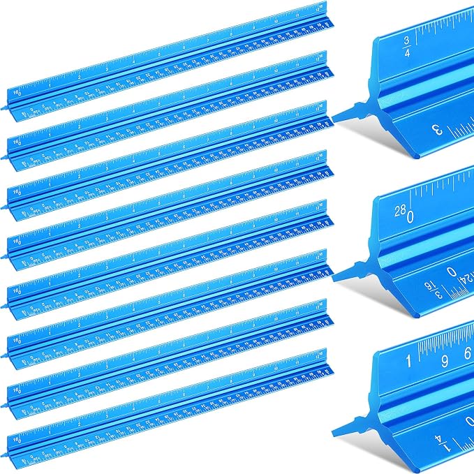 Macarrie 10 Pcs Architectural Scale Ruler 12" Architect Engineers Scale Triangular Ruler Set Aluminum Metal Rulers with Imperial Measurements for Architect Student Draftsman Engineer (Blue)
