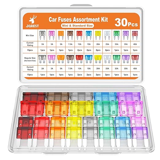 JOREST 30Pcs Mini & Standard Car Fuse Assortment Kit, 15 Mini Blade Fuses Automotive + 15Standard Auto Fuses - for Car/RV/Truck/Motorcycle(2Amp 3A 5A 7.5A 10A 15A 20A 25A 30A 35A 40A)