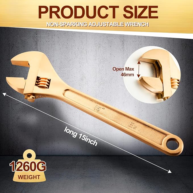 Hicarer 15 Inch Non-Sparking Adjustable Wrench, Aluminum Bronze Tool | Non-Magnetic, Oil & Gas Industry, Chemical Facilities, Hazardous Environments, Industrial Safety Applications