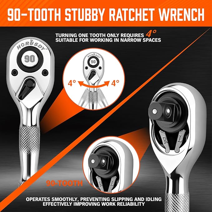 HORUSDY 3 Piece 90T Stubby Ratchet Handle Set, 1/4" 3/8" 1/2" Drive Mini Socket Wrench, Compact Reversible Ratchets for Tight Spaces, Car & Home Repair, DIY, Mechanic Tool