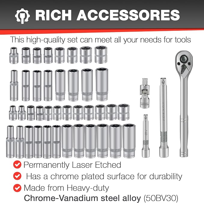 EACELIY 44pcs 3/8" Drive Impact Socket Set,Drive Master Socket Set,SAE/Metric, Deep & Shallow with 3/8" Drive Head Ratchet,Universal Joint,Extension bar (3” & 6”),6 Point,CR-V Steel，Mirror Chrome