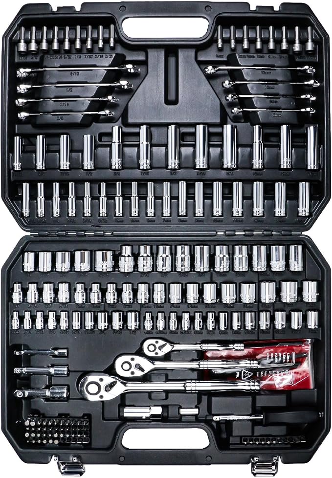 AMM Mechanics Tool Set, 1/4 in, 3/8 in and 1/2 in Drive socket set, 202 Piece