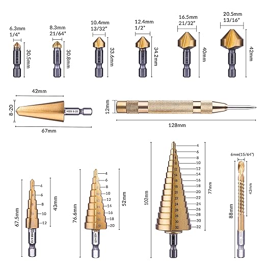 NordWolf 12-Piece HSS Titanium Metric Step, Countersink, Cone Drills with 1/4" Hex Shank, Multi Drill Saw & Automatic Center Punch Set in Storage Case