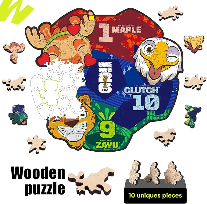 FIFA World Cup 2026 Mascot Wooden Jigsaw Puzzle, 150 Pieces Unique-Shape Collector’s Set (Clutch, Maple & Zayu) Official Merchandise – Fun for Kids & Adults, Ideal Soccer Fan Gift, 11.8 x 10.8 Inch