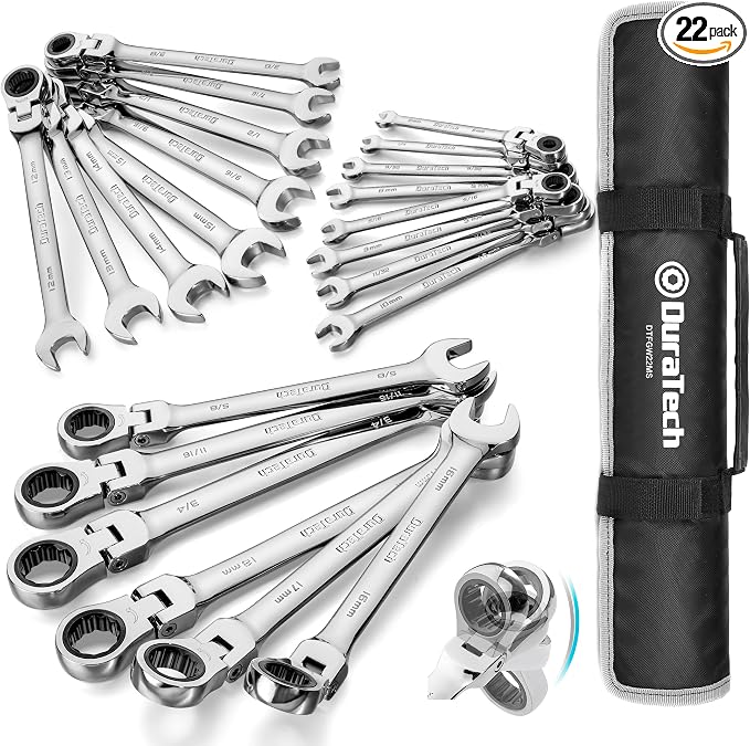 DURATECH Flex Head Ratcheting Wrench Set, 22-piece, Metric & SAE | Combination Wrench Set, 1/4" to 3/4" & 6-18mm, CR-V Steel, Mirror Polished, With Pouch