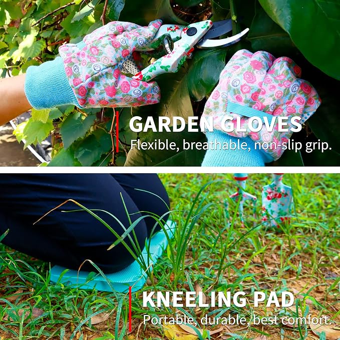Womens Gardening Gifts Set - Floral Gardening Tools with Tote Bag - Gifts for Mom, Girlfriend or Women - Birthday, Christmas (Blue)
