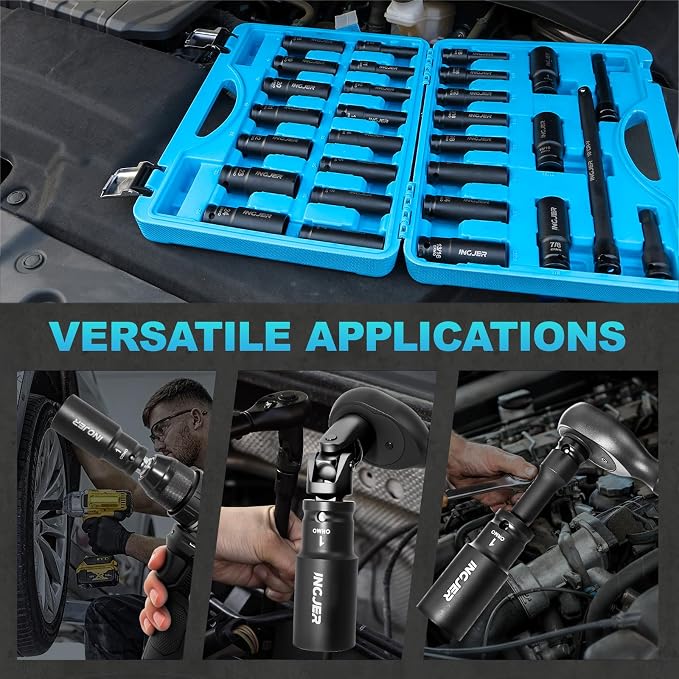 1/2" Impact Socket Set, 29PC Deep impact socket set, CR-MO SAE and Metric | 3/8-1" & 10-24mm ,6 Point, Standard & Deep Sockets with Extension Bars, High Torque, Ideal for Truck Bearing Locknut