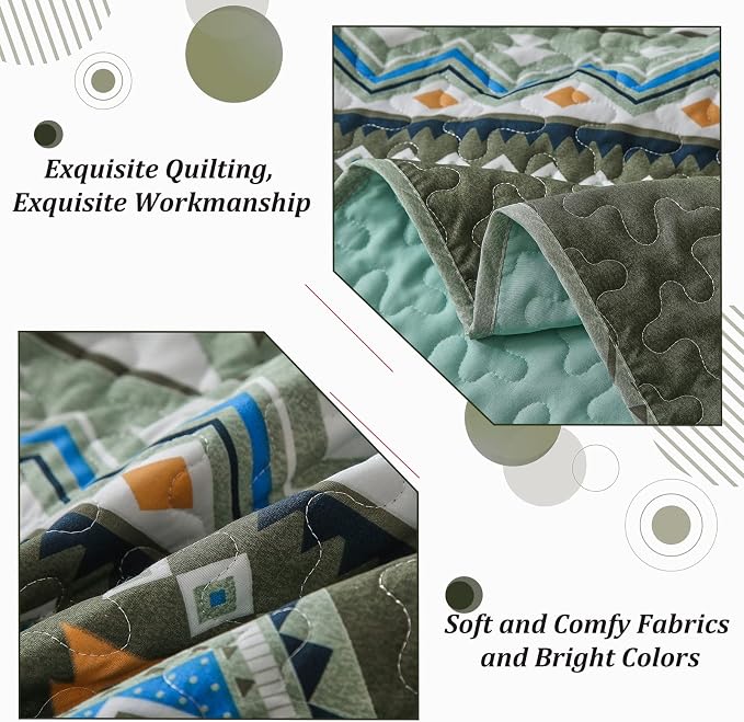 WONGS BEDDING Boho Green Quilt Set Queen,3 Piece Olive Green Fall Bedspread Coverlet Set with Geometry Printed for All Season,Lightweight Morden Bohemian Bedding Set 96"×90"