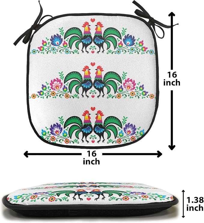 Lunarable Gallus Chair Cushion Pads Set of 2, Roosters Polish Culture Slavic European Classics Art, Anti-Slip Seat Padding for Kitchen & Patio, 16"x16", Orange Green Pink