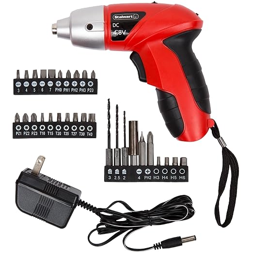 25-Piece Electric Screwdriver Set - Cordless Drill with LED Work Light, Automatic Spindle Lock, and Screw Driver Bits by Stalwart (Red)