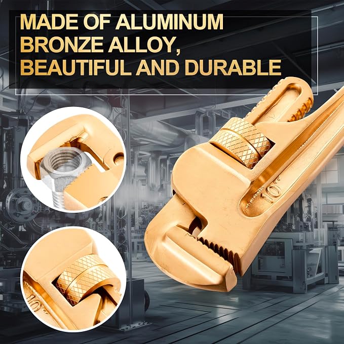 Hicarer 10'' Non-Sparking Pipe Wrench | Opening Max 35mm, Aluminum Bronze Spark-free Adjustable Pipe Spanner Straight Plumbing Wrench, Corrosion Resistant