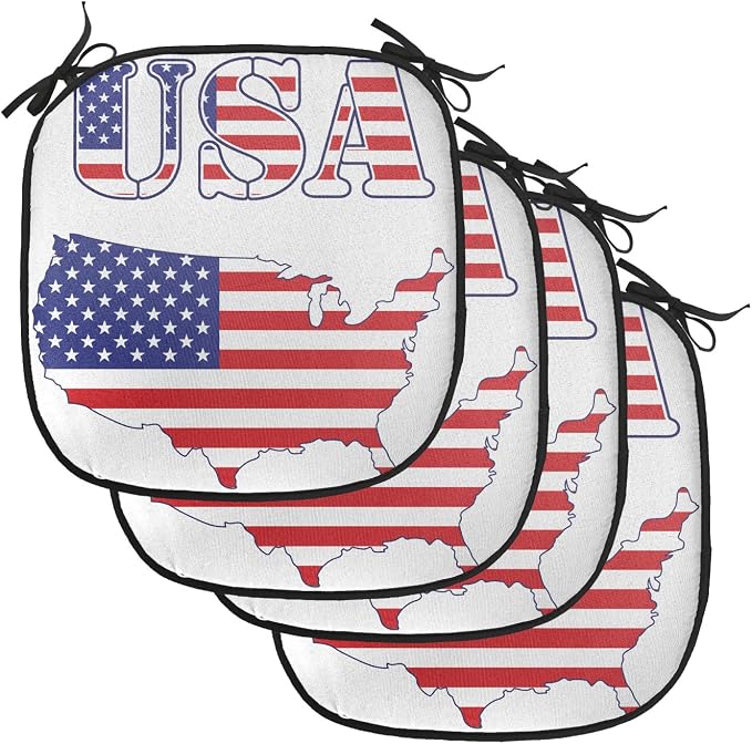 Lunarable Americana Chair Cushion Pads Set of 4, USA Map Flag Stars Stripes National History American Illustration, Anti-Slip Seat Padding for Kitchen & Patio, 16"x16", Red White Blue