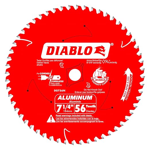 Diablo Thick Metal Cutting Circular Saw Blade - 7-1/4" Dia, 56 TCG Teeth | Ideal for Cutting Aluminum, Copper and Non-Ferrous Metals - D0756NA